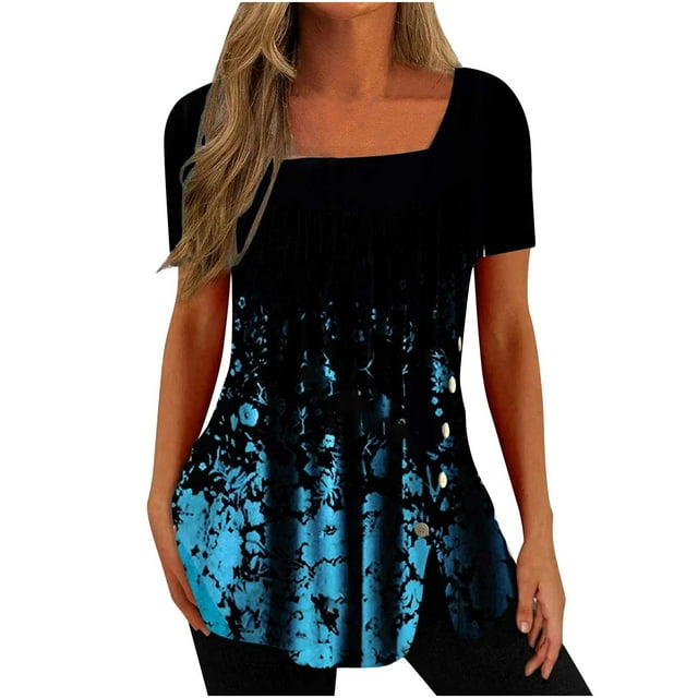 DPTALR Womens Casual Printed Square Neck Short Sleeve Buttons Tops Loose Blouses
