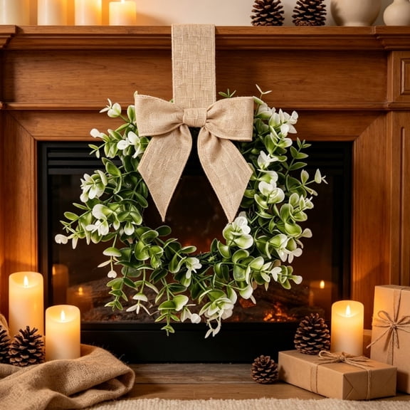 Small Wreath, 9 Inch Faux Eucalyptus Mini Wreath, Farmhouse Decor with Soft Linen Bow for Kitchen Cabinet, Window, Wall and Porch Display