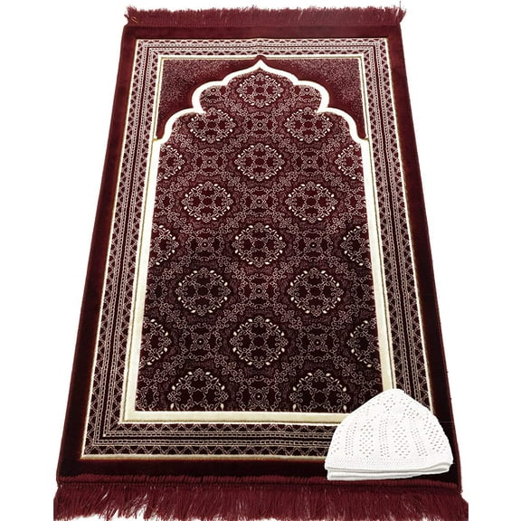 Modefa Turkish Prayer Rug | Plush Velvet Namaz Sajadah Janamaz | Free Prayer Cap | Elegant Swirl Red