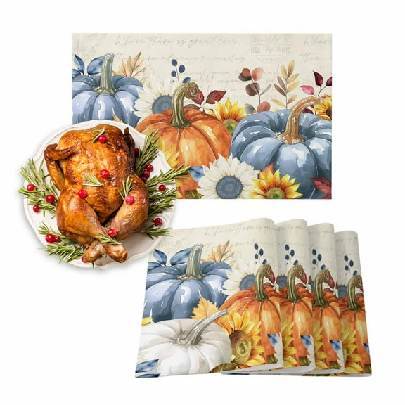 Fall Placemats Set of 4 Autumn Sunflower Leaves Place Mats Thanksgiving Placemat Blue Pumpkin Vintage Table Mats for Dining Kitchen Table Holiday Dinner Party Home Fall Decorations 13x19 Inch