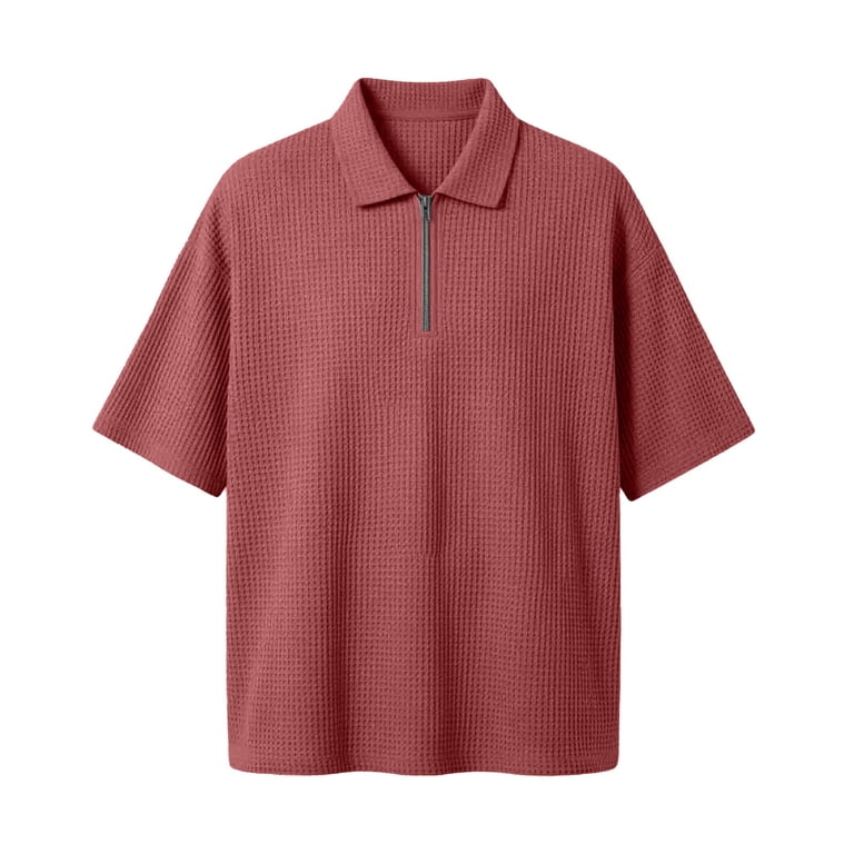 XIAONU Men's Solid Waffle Polo Shirt Half Zip Short Sleeve