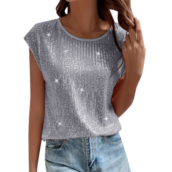 Jamsmile Women Tshirts Sequin Sleeveless Tops Summer Solid Color Round Neck T Shirt Tanks Tops Party Clubwear Tee Shirts
