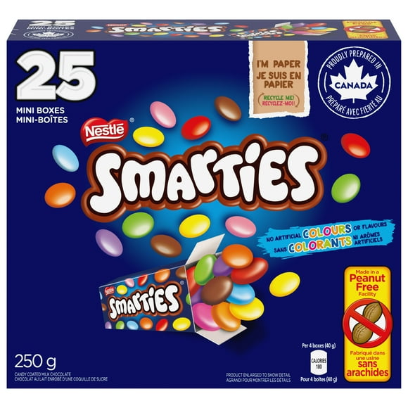 Mini Peanut-free candy, Candy-coated milk chocolate, Individual boxes, No artificial colours or flavours, Prepared in Canada, 250 g