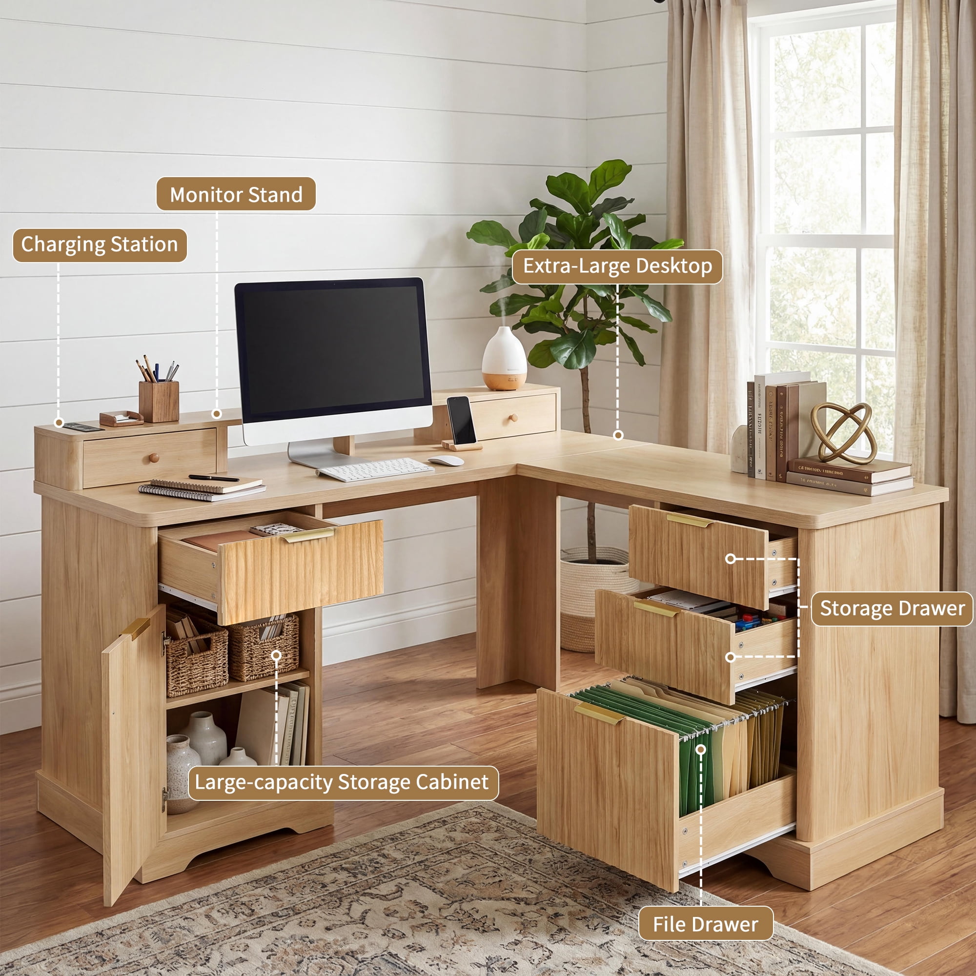 Leumius L-Shaped Desk with Charging Station & Storage Cabinet - Home Office Desk with Monitor Stand, File Drawer and Removable Support Shelf for Study, Home Office Oak