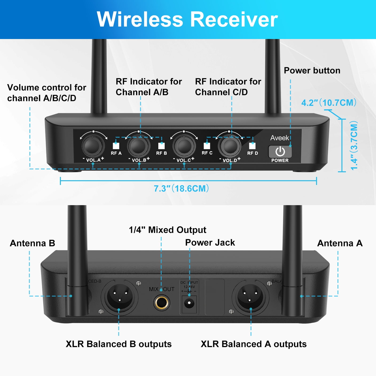 Aveek Wireless Microphone System,4-Channel Wireless Mic,262ft Range,40Hour Battery,Dynamic Microphones for Karaoke,Singing,Speech,Stage,Wedding,DJ