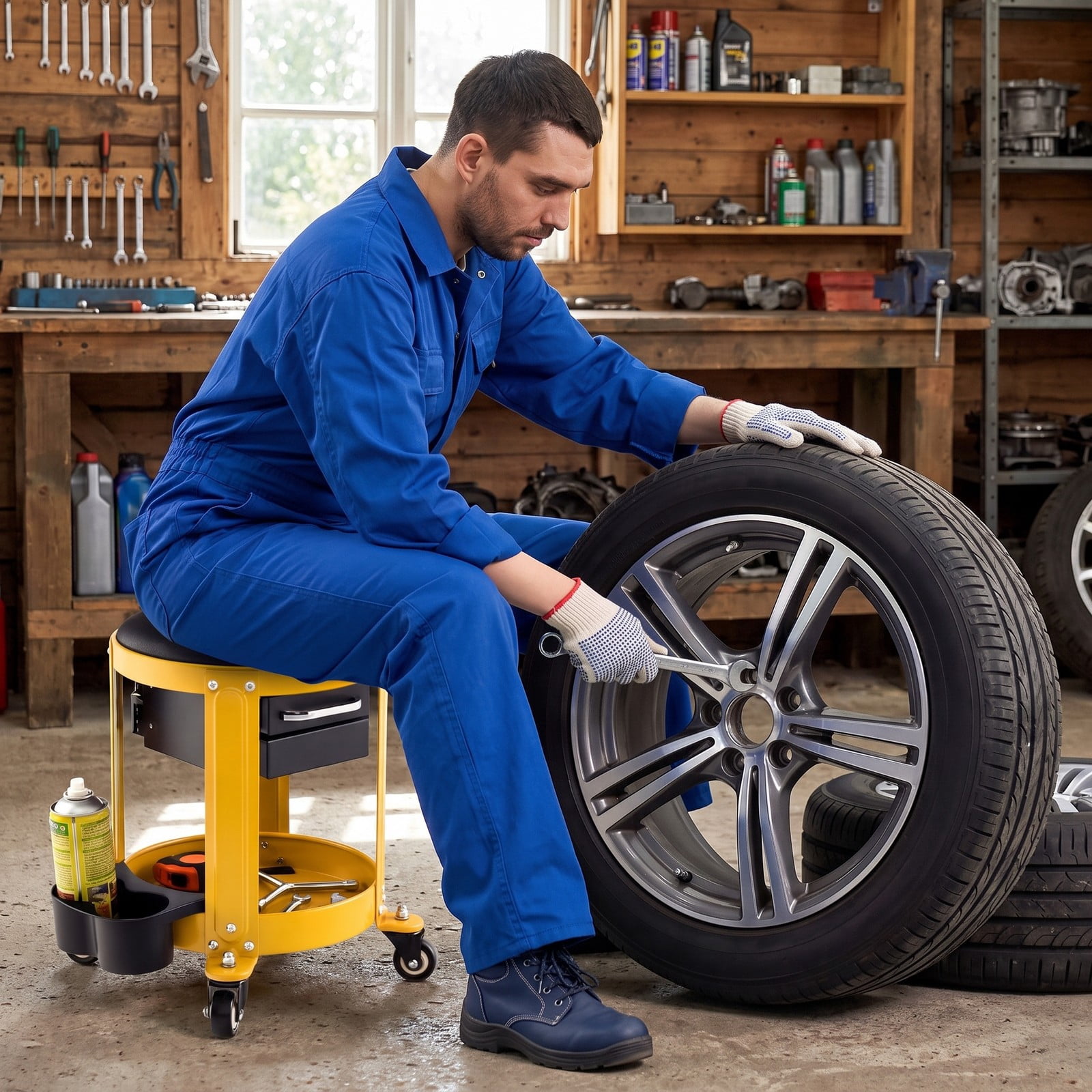 Biotree Rolling Mechanic Stool with Removable Padded Seat, 2 Drawers and Tool Tray, Height Adjustable Shop Garage Creeper Seat on Wheels, 330 lbs Capacity, Yellow