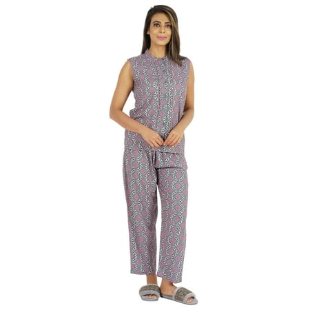 

Phagun Pajamas Set Printed Rayon Sleepwear Sleeveless Nightwear For Women