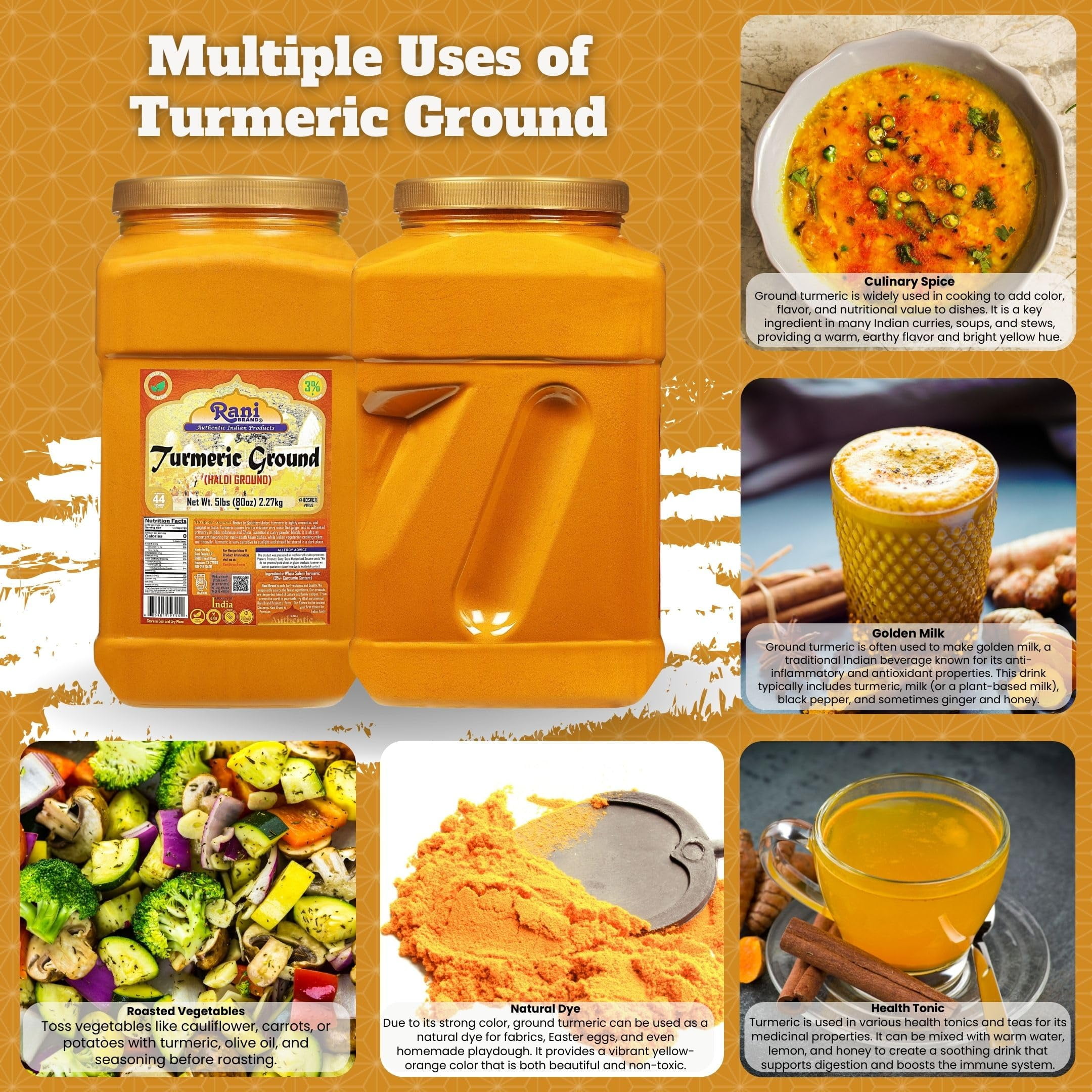 Rani Turmeric (Haldi) Root Powder Spice, (High Curcumin Content) 80oz (5lbs ) 2.27kg Bulk PET Jar ~ All Natural | 100% Pure, Salt Free | Vegan | Gluten Friendly | NON-GMO | Kosher | Indian Origin