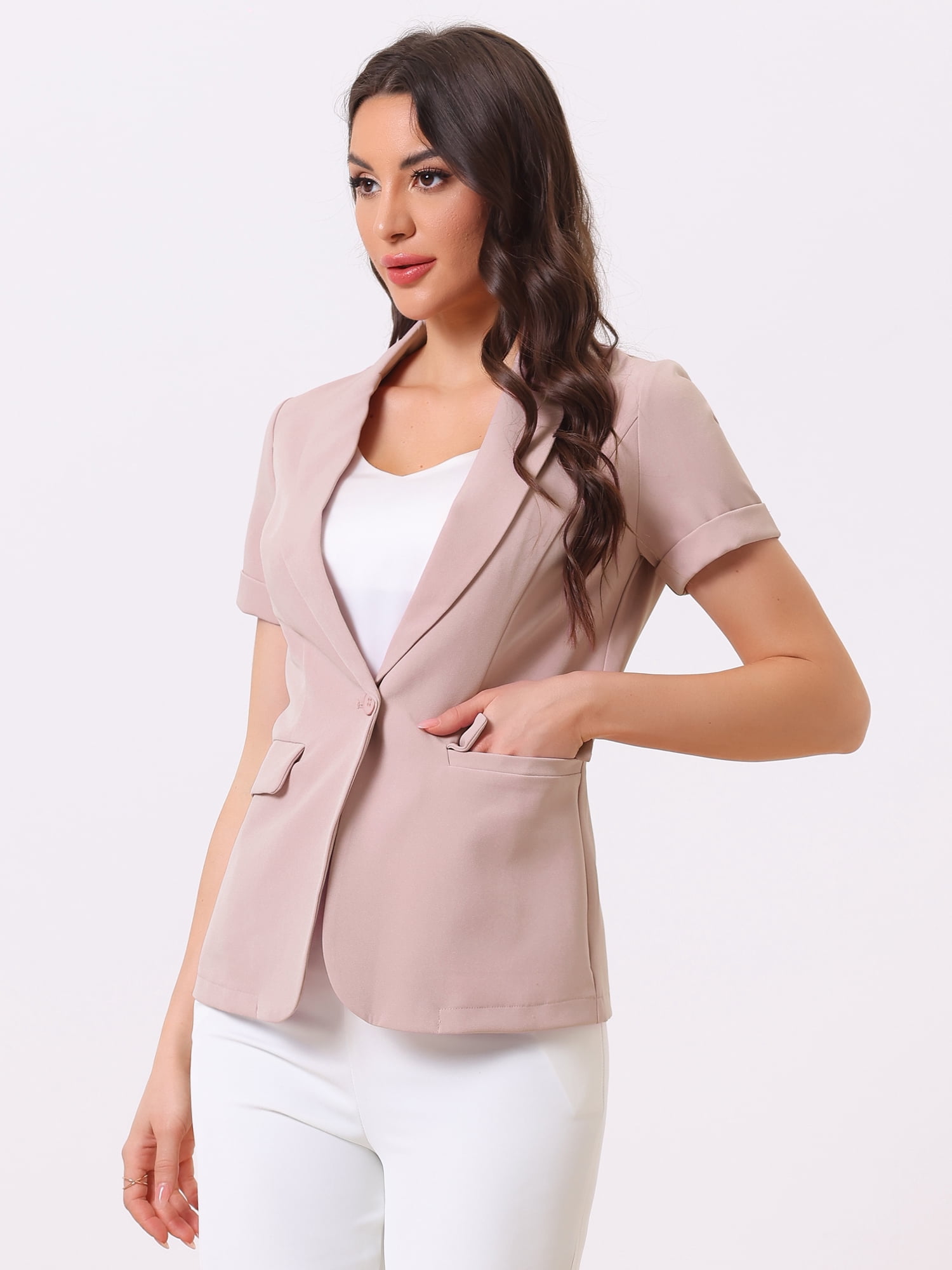 DARING DIVA Women's Short Sleeve Blazer Button Office Suit Jacket S Pink