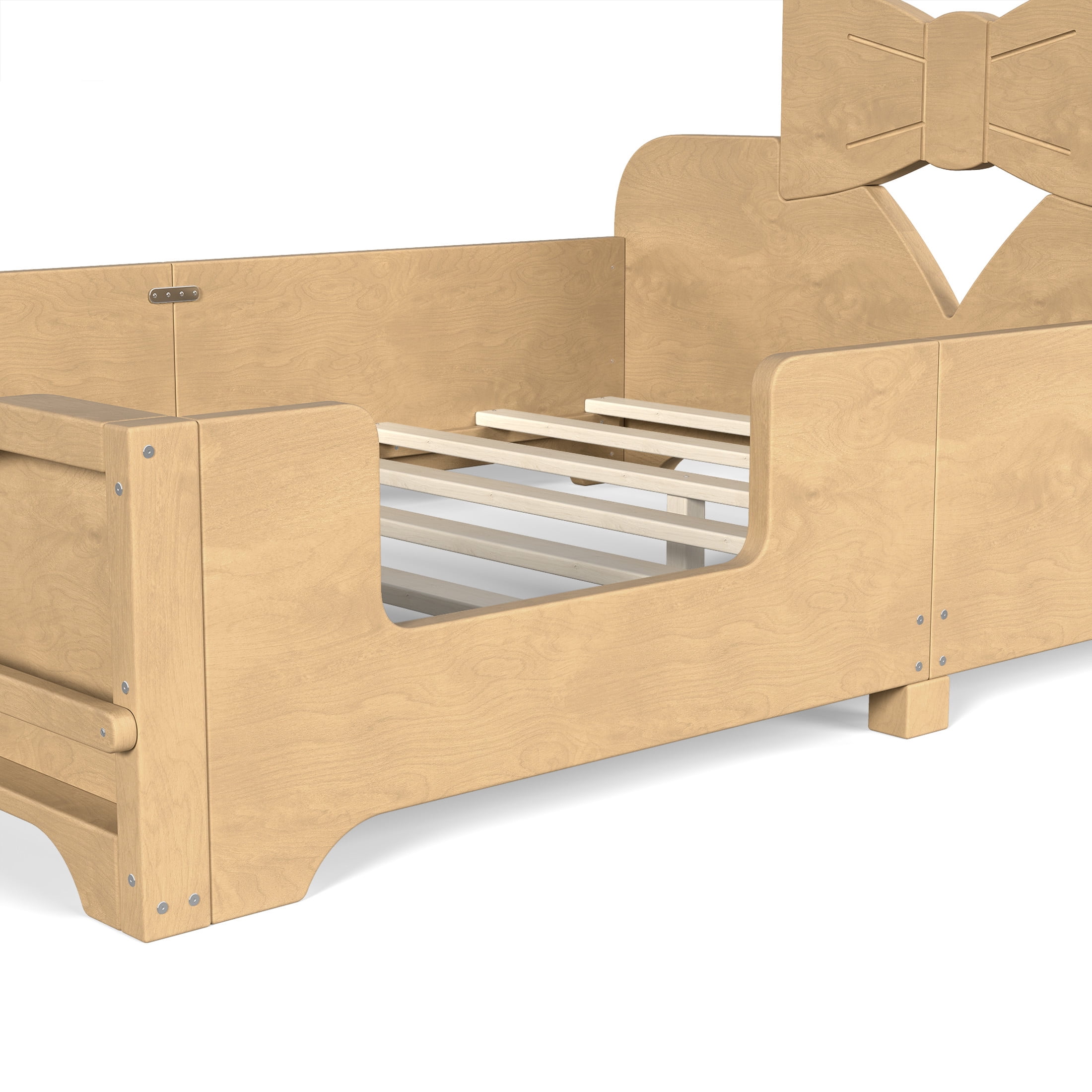 GDF Studio Full Size Kids Platform Bed with Bowknot Headboard, Guardrails & Bookshelf, Natural