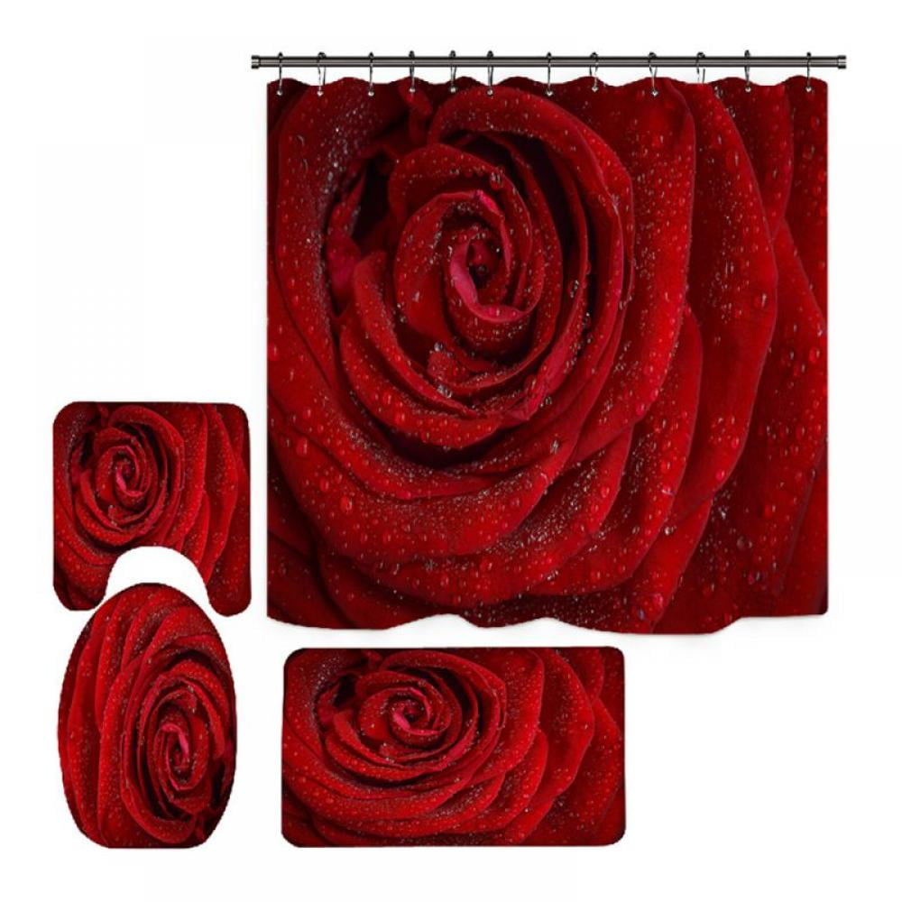 Black Red Rose Shower Curtain Set Bathroom Rug NonSlip Bath Mat Toilet Lid Cover 