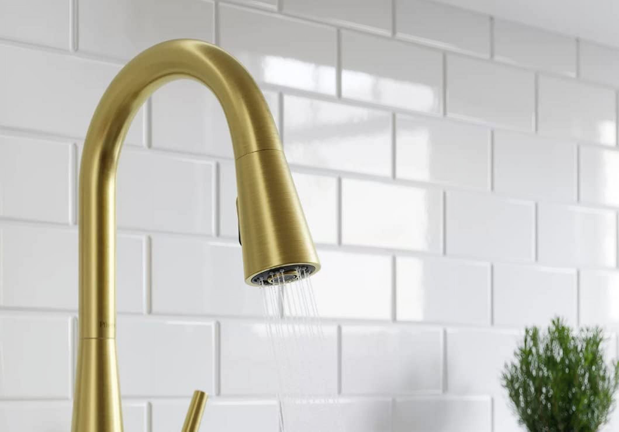 Pfister Barullli Single Handle Pull Down Sprayer Kitchen Faucet with Deckplate Included and Soap Dispenser in Brushed Gold