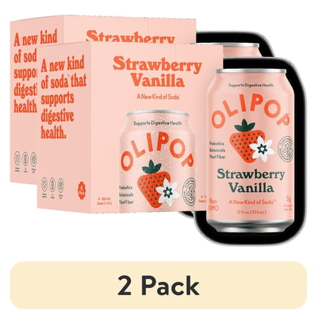 (2 pack) OLIPOP Prebiotic Soda, Strawberry Vanilla, 12 fl oz, 4 Pack, Refrigerated