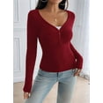 thumbnail image 6 of Women'S Long Sleeve Shirt V-Neck Buttons Ribbed Knit Slim Fit Casual Basic Spring Autumn Tops Wine Red XL, 6 of 9
