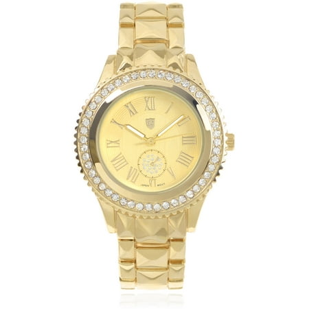 Journee Collection Women's Rhinestone Round Face Roman Numeral Metal Link Fashion Watch, Gold