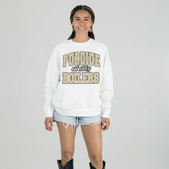 Women's Gameday Couture White Purdue Boilermakers Oversized Faded Formation Premium Fleece Sweatshirt
