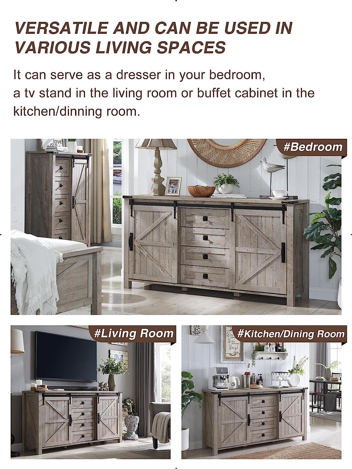 OKD 60" Farmhouse Dresser 4 Drawer Modern Storage Cabinet with Sliding Barn Door for Bedroom, Chest of Drawers Wood Organizer TV Stand for Living Room, Light Rustic Oak
