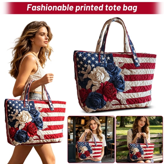 Independence Day Fashion American Flag Tote Bags, Vintage Embroidered Heart Handbags Waterproof, Staylish Shoulder Bags Large Capacity Multi Pocket for Mom Daughter Wife Girlfriend