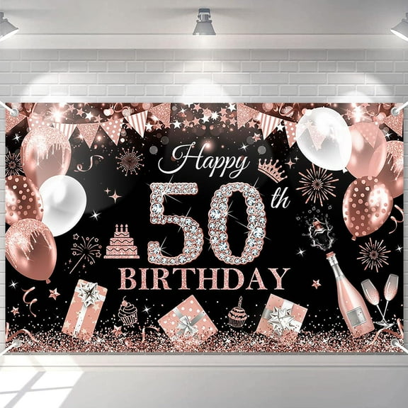 Happy 50th Birthday Backdrop for Women Black and Rose Gold Glitter Balloons 50 Birthday Background 50 Years Old Birthday Party Decorations Banner Supplies Photo Booth Props