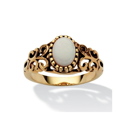 - Oval-Cut Opal Scroll Ring in Antiqued 14k Gold-Plated