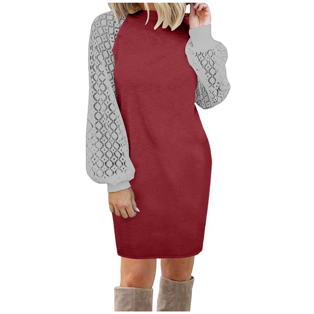 TopLLC Longues Robe à Manches à Col Rond Mode Femmes Chandail à Manches Longues Patchwork Décontracté Robe Chandail à Col 0 Robe Femmes