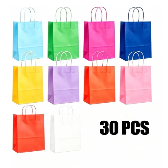 A set of 30 paper gift bags with handles, available in 10 colors, perfect for parties, crafts, weddings, and other occasions. They can be used as gift bags or as small party favors.