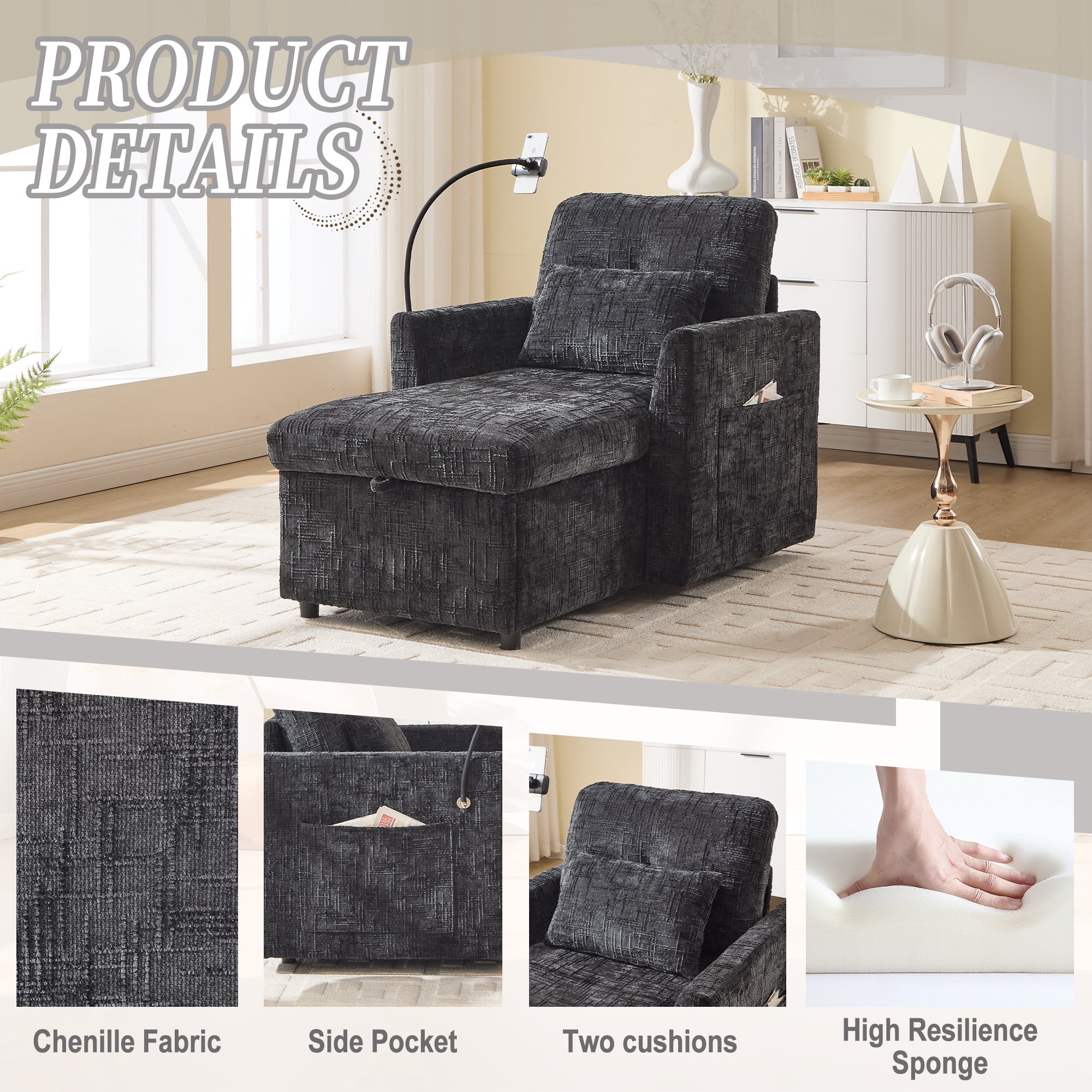 Aukfa Storage Chaise Lounge Single Sofa with Phone Holder and Pillow for Living Room Bedroom, Chenille, Black