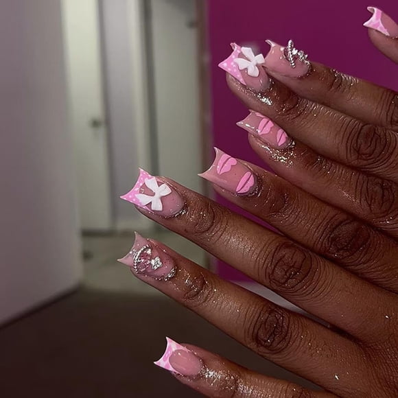 Uñas postizas cuadradas, punta francesa corta, uñas postizas con diseño de lazo 3D, pegamento en las uñas, uñas acrílicas brillantes, completa, uñas postizas para mujeres