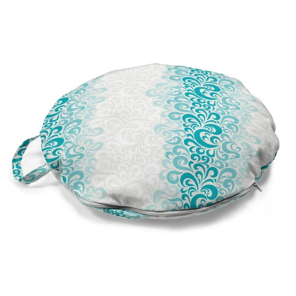 Turquoise Round Floor Cushion with Handle, Abstract Floral Flowers Pattern Classic Design Illustration, Decorative Pillow for Living Room & Dorms, 18" Round, Teal Turquoise White, by Ambesonne
