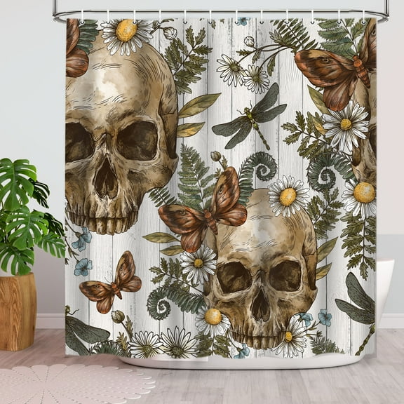 Skull Shower Curtain, Gothic Halloween Themed Bathroom Decor Vintage Flower Daisy Shower Curtains for Bathroom Fabric Bath Accessories 12 Pack Hooks 69x70inch