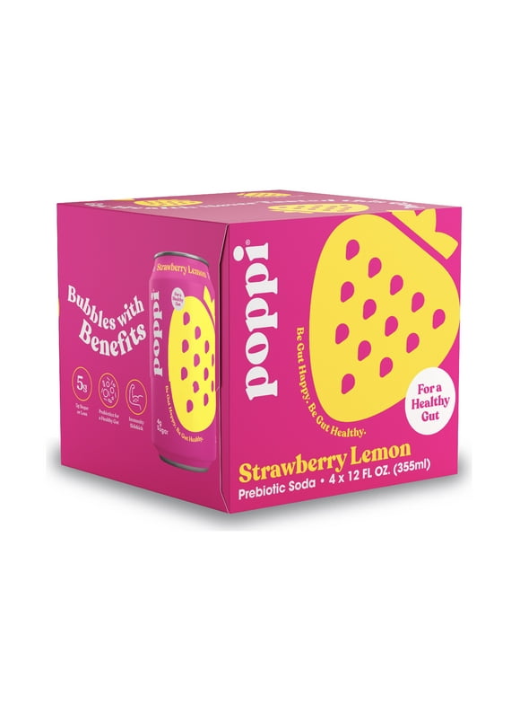 Poppi Prebiotic Soda, Strawberry Lemon, 4 Pack, 12 fl oz