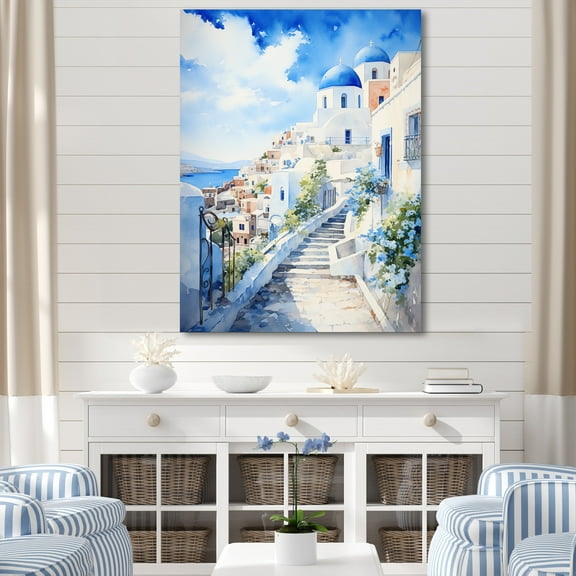 Designart "Coastal Village of Greek Isles III" Landscapes Canvas Wall Art - Country White Greece Entryway Wall Art Print