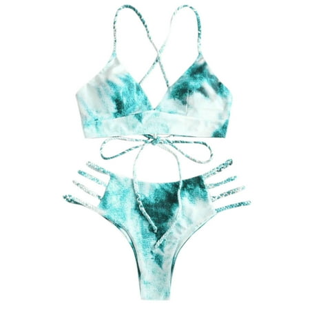Womens 2 Piece Swimsuits Tie-Dye Print Filled Bra Backless Beachwear Bikini Set Green Womens Bathing Suits S