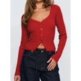 thumbnail image 4 of Women'S Long Sleeve Cardigan Open Front Knit Cropped Sweaters Fall V Neck Button Down Jacket Tops Wine Red M, 4 of 10