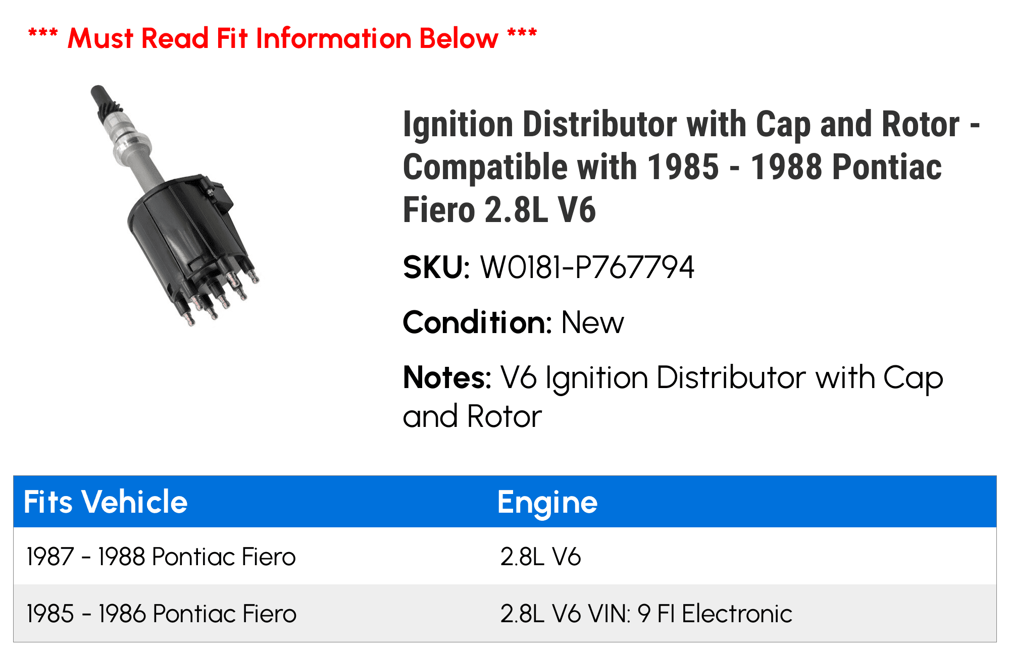 Ignition Distributor with Cap and Rotor - Compatible with 1985 - 1988 Pontiac Fiero 2.8L V6 1986 1987