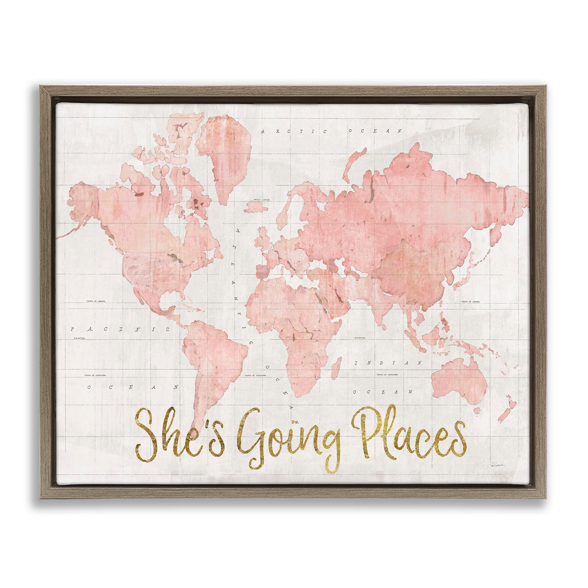 Stupell Industries Going Places Girl's Map Town & City Painting Brown Floater Framed Canvas Art Print Wall Art, 21 x 17