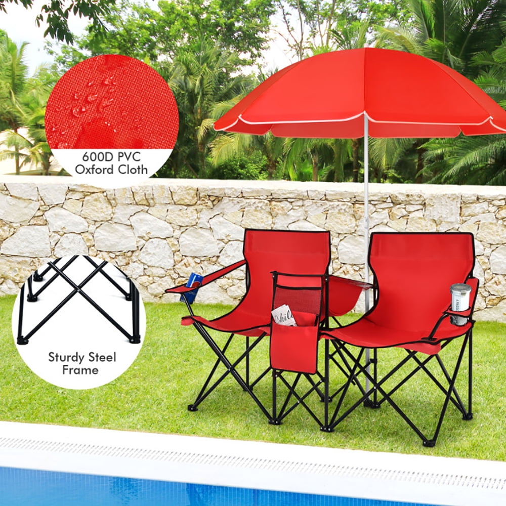Aimee Lii Portable Folding Picnic Double Chair With Umbrella, Outdoor Beach Chair with Umbrella, Red Aimee Lii Portable Folding Picnic Double Chair With Umbrella, Outdoor Beach Chair with Umbrella, Red
