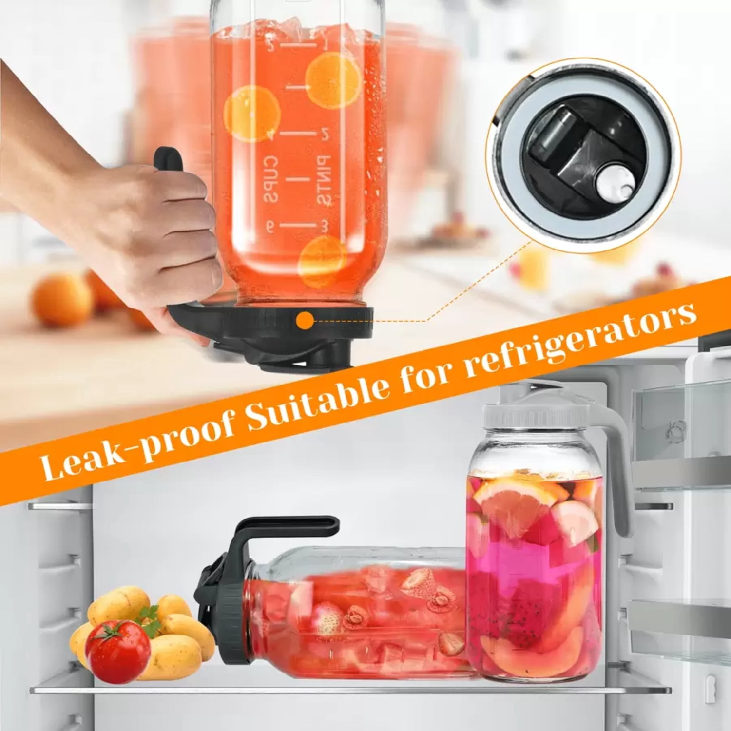 NTGFU 2 Pack 64 Oz Sun Tea Jar, Pitchers with Lid, Half Gallon Mason Jar Pitcher, Glass Pitchers with Lid, Sun Tea Pitcher for Ice Tea, Cold Brew Coffee, Breast Milk, Juices - Leak Proof