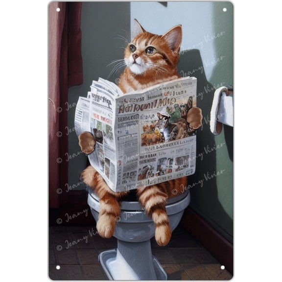 Tabby Cat Reading The Newspaper On Toilet Funny Bathroom Decor Wall Art Retro Tin Sign Animal Metal Sign for Bathroom Restroom Wall Decor Rustic Farmhouse Sign for Man Cave Garage 12x8 Inch