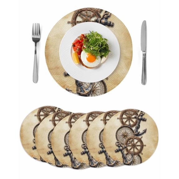 Vintage Anchor Nautical Round 13 Inch Placemats Set of 6, Coastal Compass Brown HeatResistant Non Slip Place Mats for Dining Table, Wipeable Braided Kitchen Table Mats for Housewarming