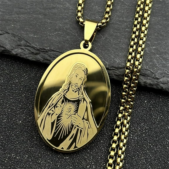 Chritian Sacred Heart Of Jesus Medal 14K Yellow Gold Pendant Necklace for Men Women Golden Silver Color Chain Amulet Faith Jewelry