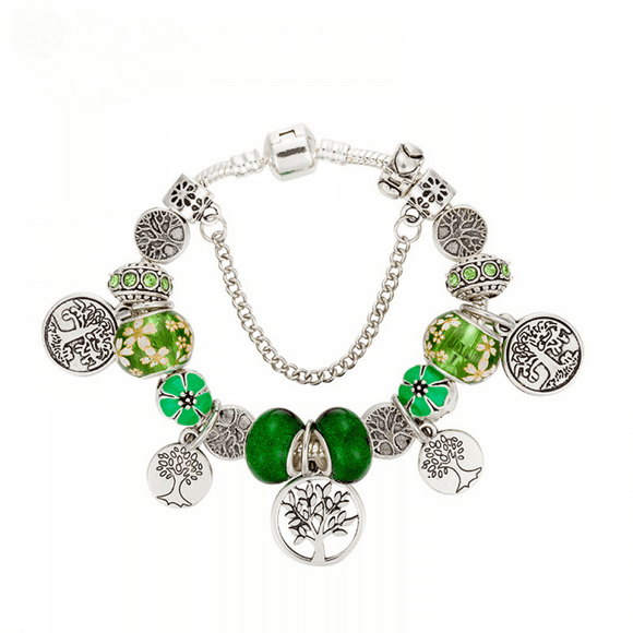 Women's Charm Bracelet, Tree of Life, Coin Pendant Green