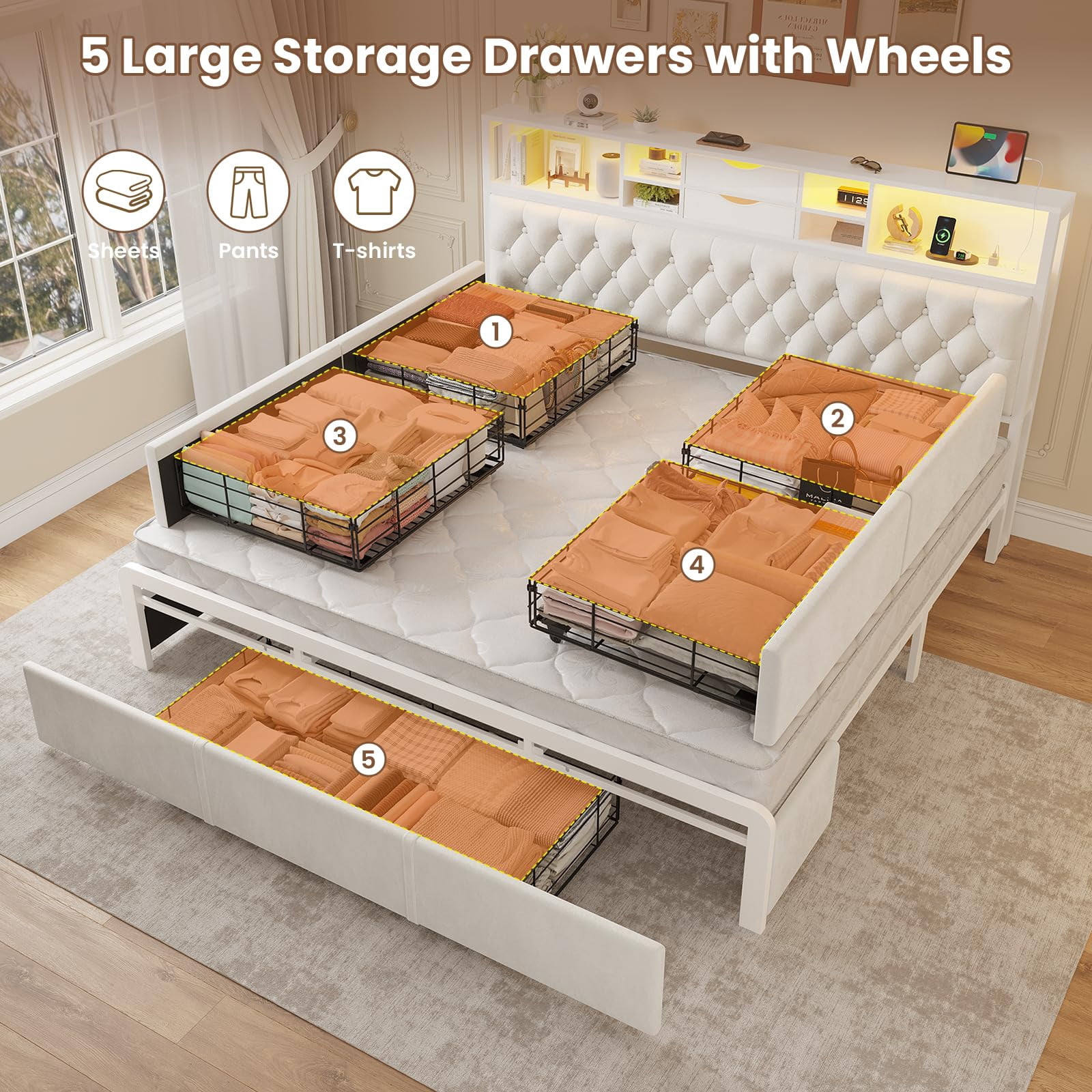 King Size Bed Frame with LED Lights & Charging Station Velvet Upholstered Queen Platform Bed with 5 Storage Drawers and Headboard,No Noise,Beige