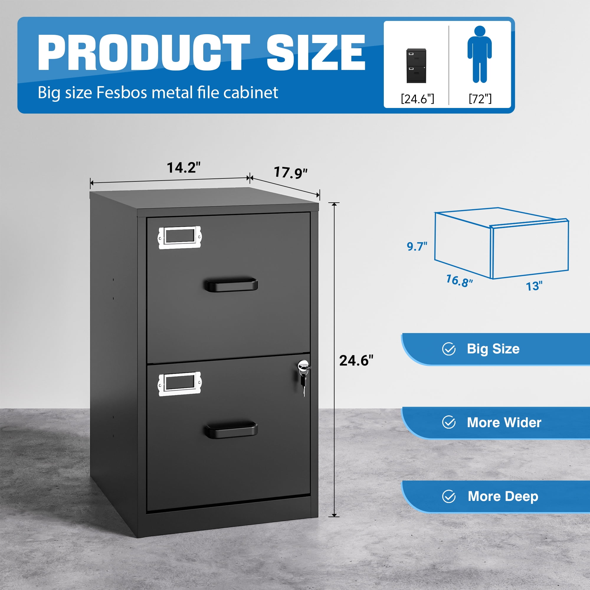 Fesbos 2 Drawer Metal File Cabinet with Lock, Steel Filing Cabinets for Home Office,Fits A4/F4/Letter, Easy Assemble (Black）