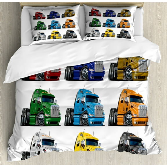Truck Queen Size Duvet Cover Set, Colorful Semi Trucks Transportation of Goods Theme Shipping Driving Cartoon Design, Decorative 3 Piece Bedding Set with 2 Pillow Shams, Multicolor, by Ambesonne