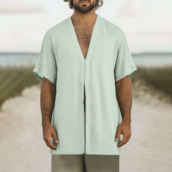 Taqqpue Mens Casual Cotton Linen Shirts Solid Color V Neck Short Sleeve Beach Blouse Tops Lightweight Loose Fit Oversize T Shirts