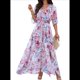 thumbnail image 2 of Vestido Informal de con Cuello en V y Media para Mujer, con Estampado Floral, para Invitadas de Boda, y Verano. Rosa L, 2 of 10