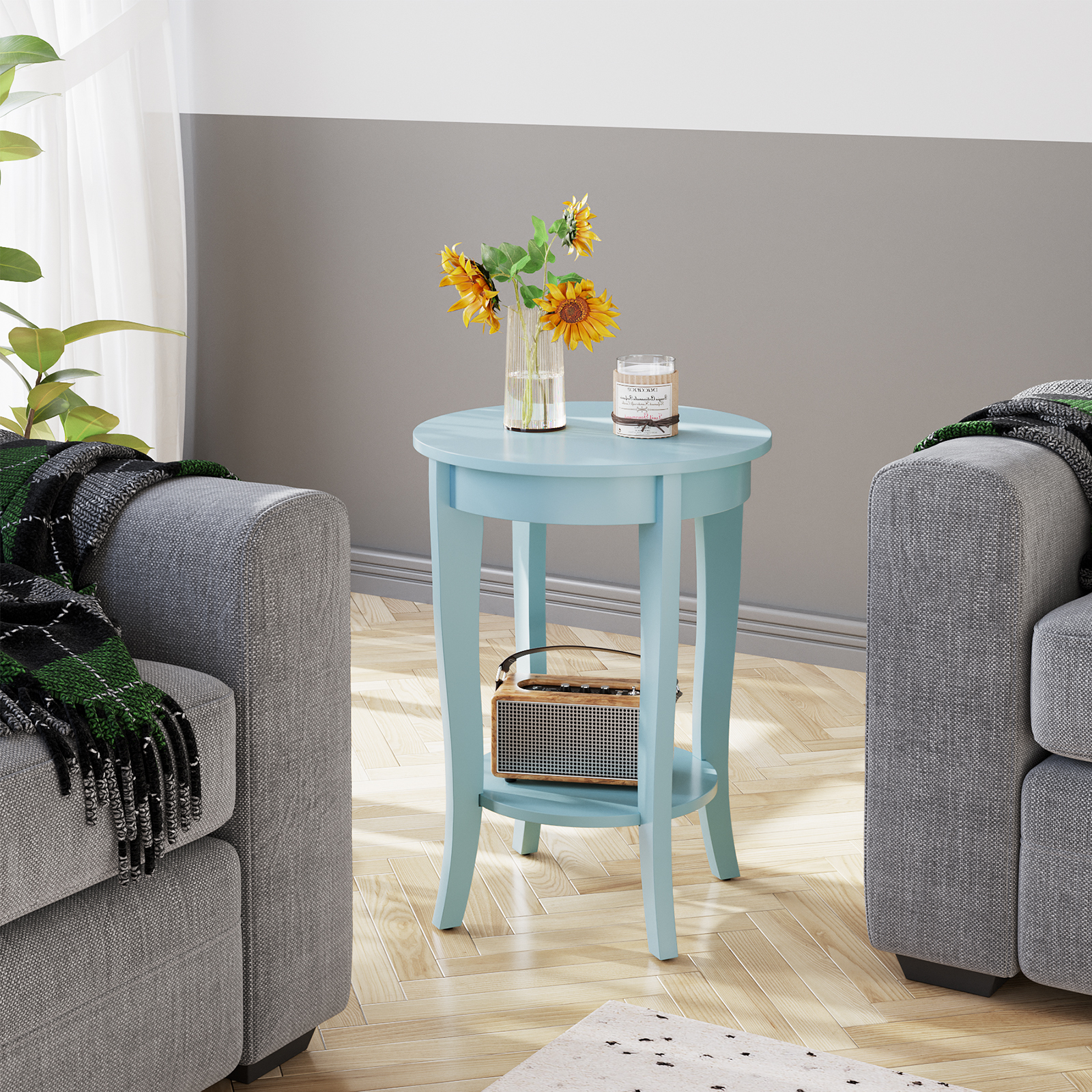 HOSSLLY American Heritage Round End Table with Shelf, Blue Finish