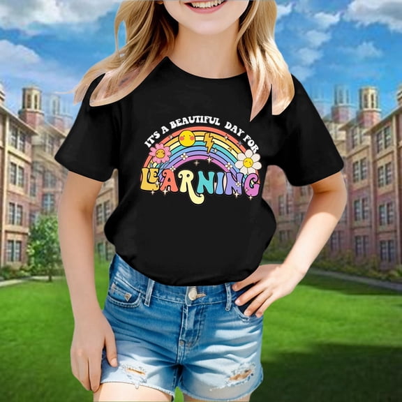 School Uniform Tshirts Kids Fashion T Shirt Short Sleeve Girls Casual Comfort Top Boys Tshirts Black 5-6 Years