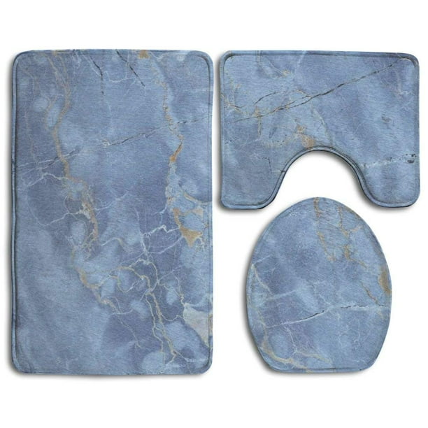 PUDMAD Blue Grey Marble 3 Piece Bathroom Rugs Set Bath Rug Contour Mat
